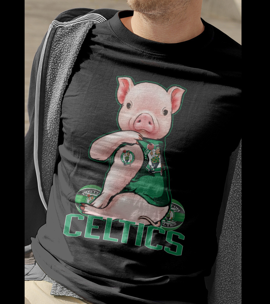 Pig Wearing Boston Celtics Logo Jersey With Celtics Text T-Shirt