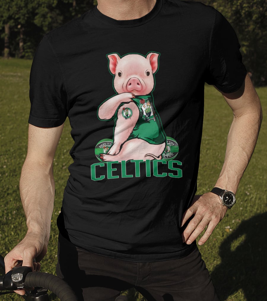 Pig Wearing Boston Celtics Logo Jersey With Celtics Text T-Shirt