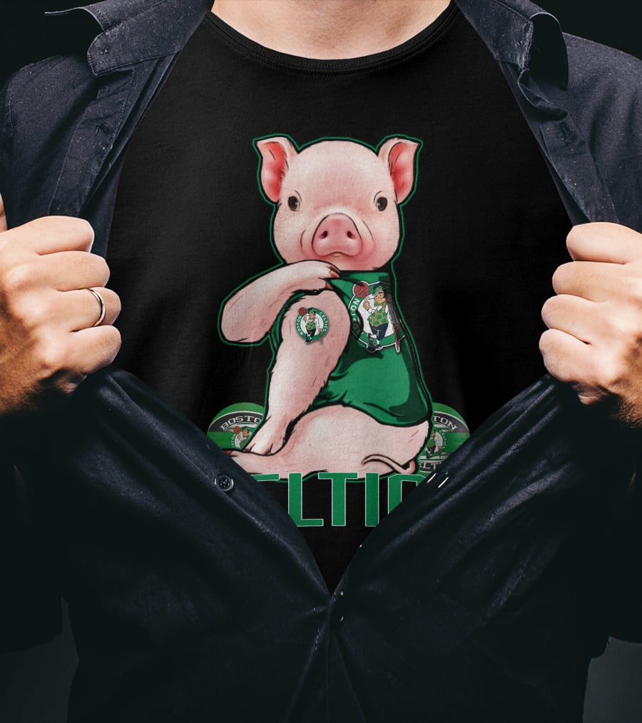 Pig Wearing Boston Celtics Logo Jersey With Celtics Text T-Shirt