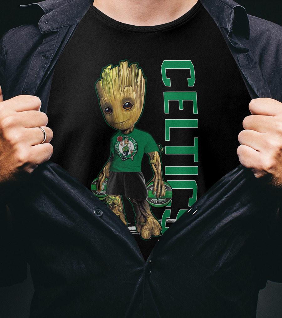 Groot Celtics Boston Fan Art Marvel Basketball Collaboration T-Shirt
