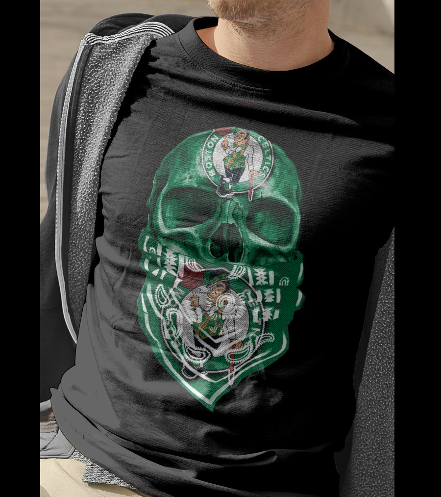 Boston Celtics Skull With Iconic Logos And Green Bandana T-Shirt