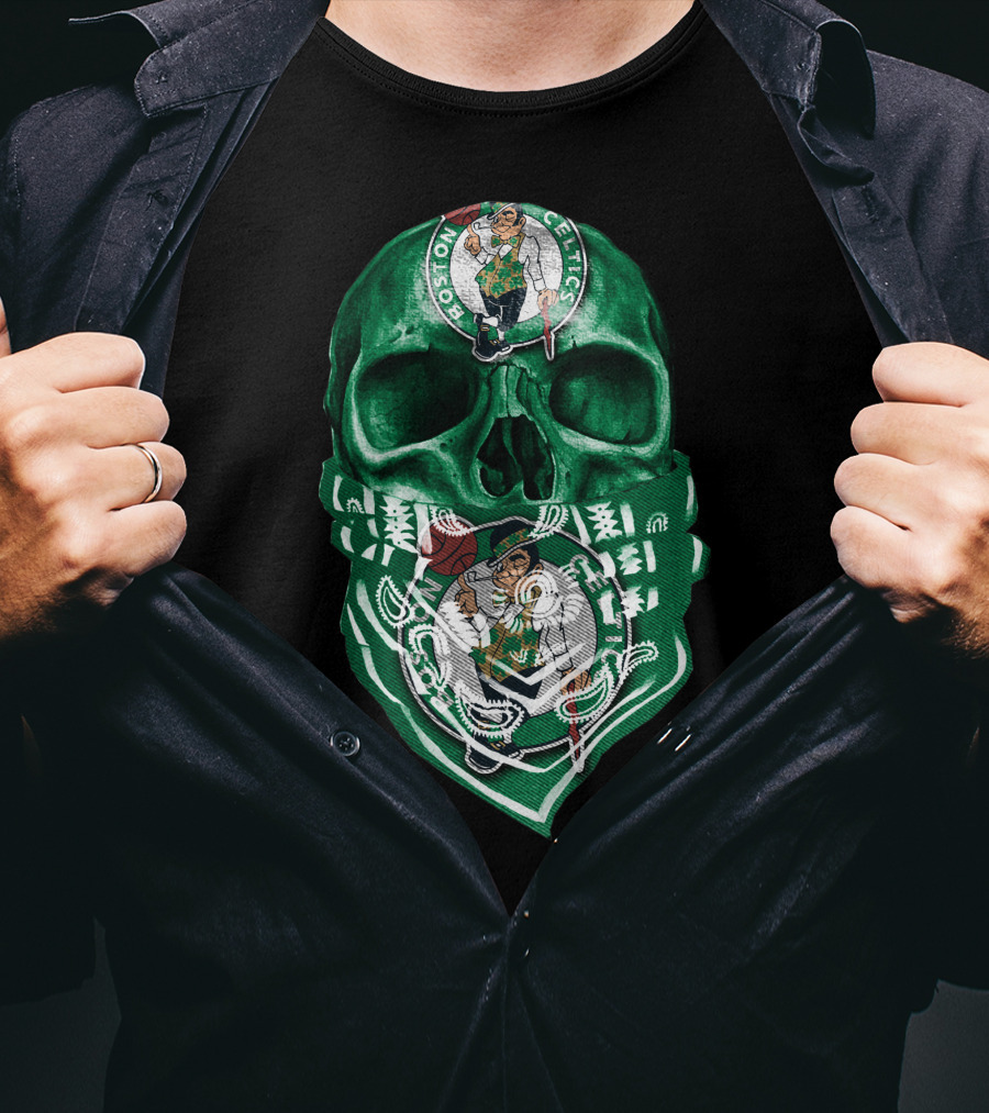 Boston Celtics Skull With Iconic Logos And Green Bandana T-Shirt