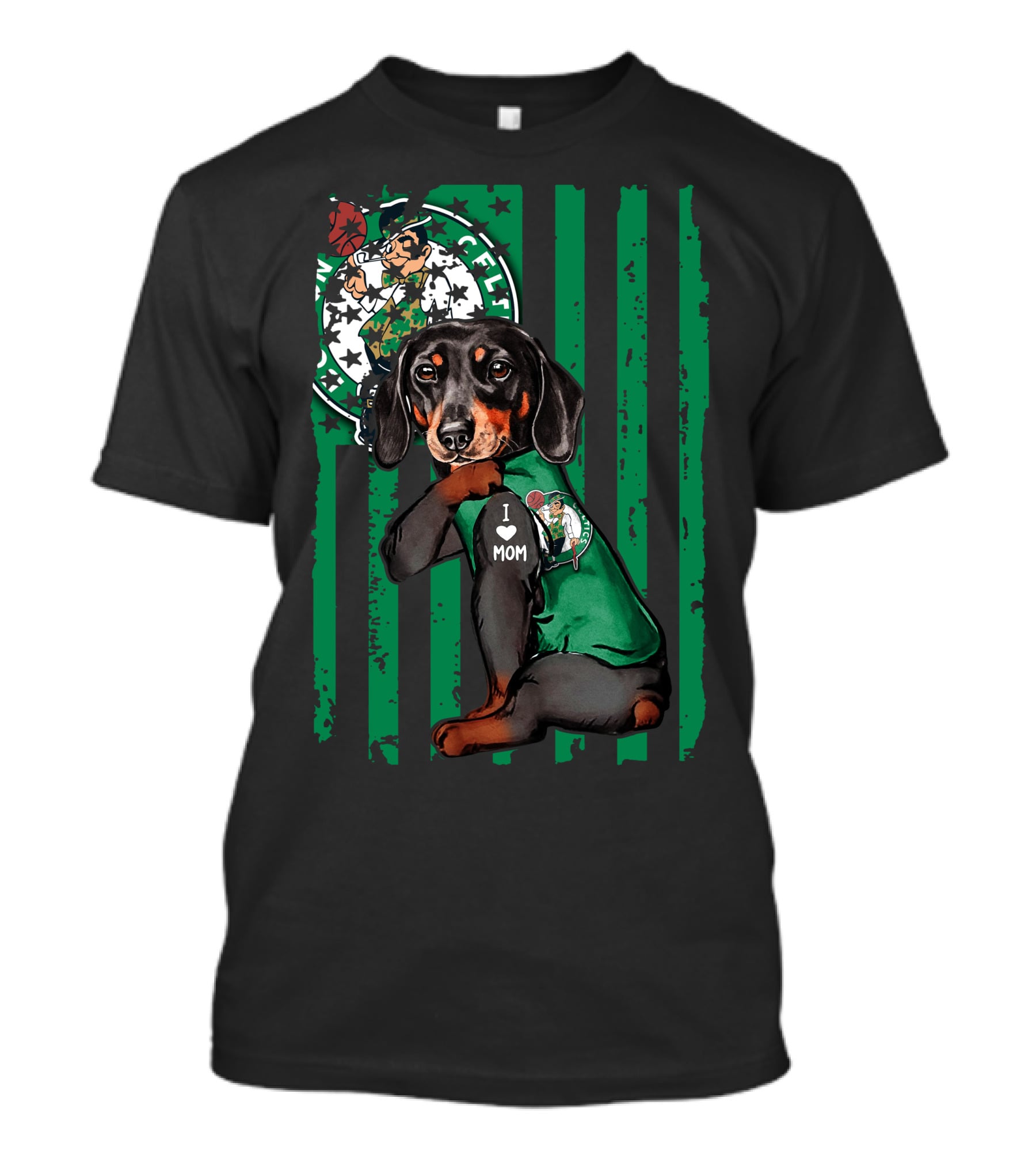 Dachshund Wearing I Love Mom Shirt With Boston Celtics Logo And Mascot T-Shirt