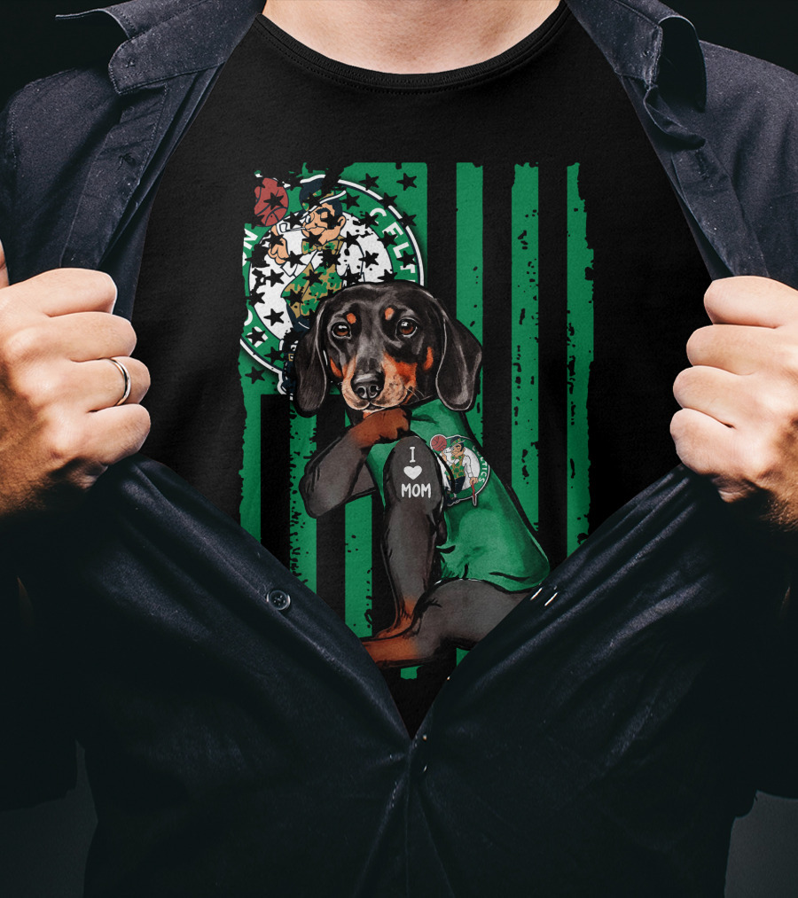 Dachshund Wearing I Love Mom Shirt With Boston Celtics Logo And Mascot T-Shirt