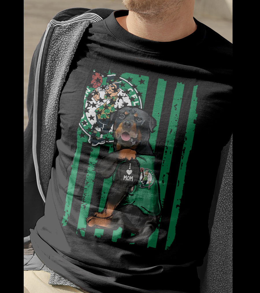 Rottweiler I Love Mom Boston Celtics Fan Logo Background T-Shirt