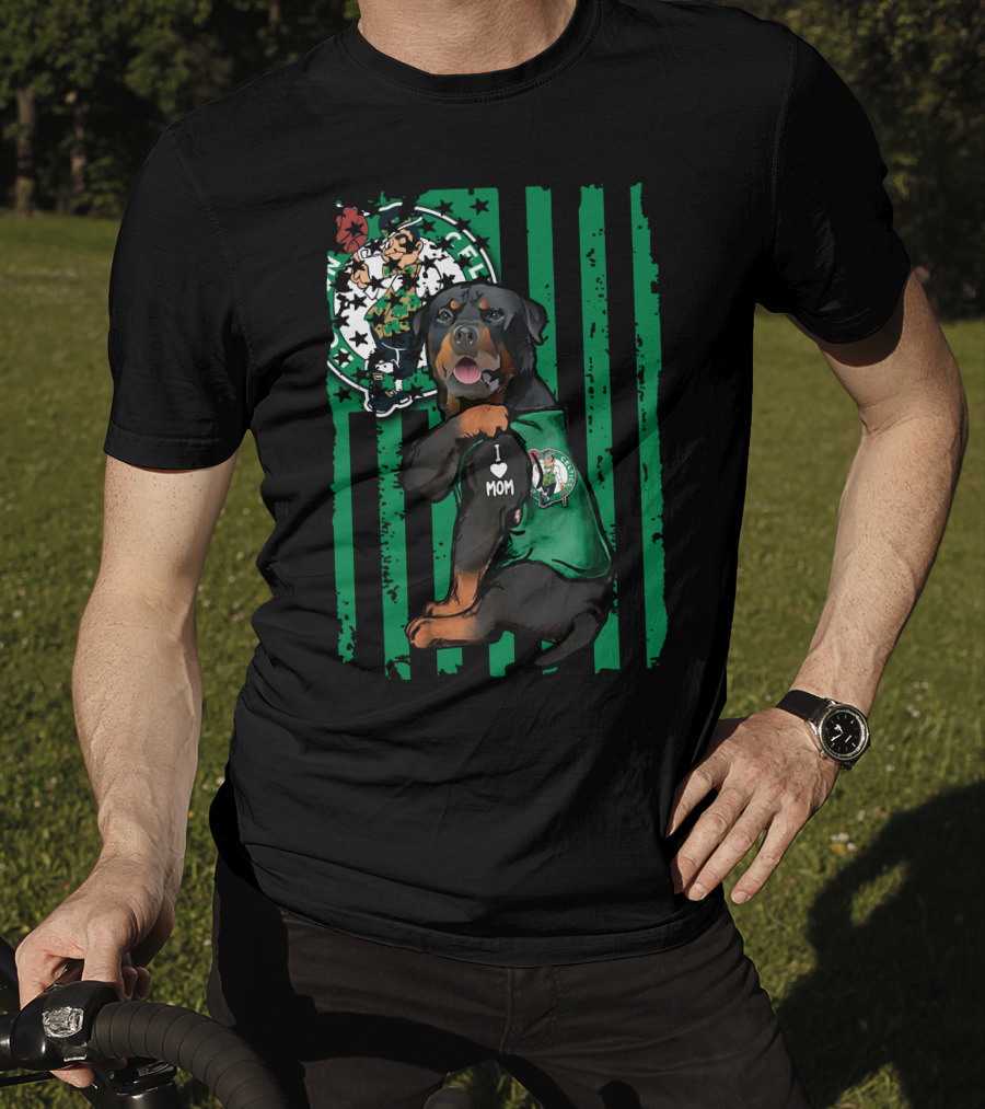 Rottweiler I Love Mom Boston Celtics Fan Logo Background T-Shirt