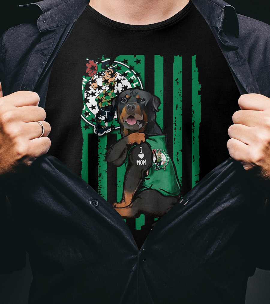 Rottweiler I Love Mom Boston Celtics Fan Logo Background T-Shirt