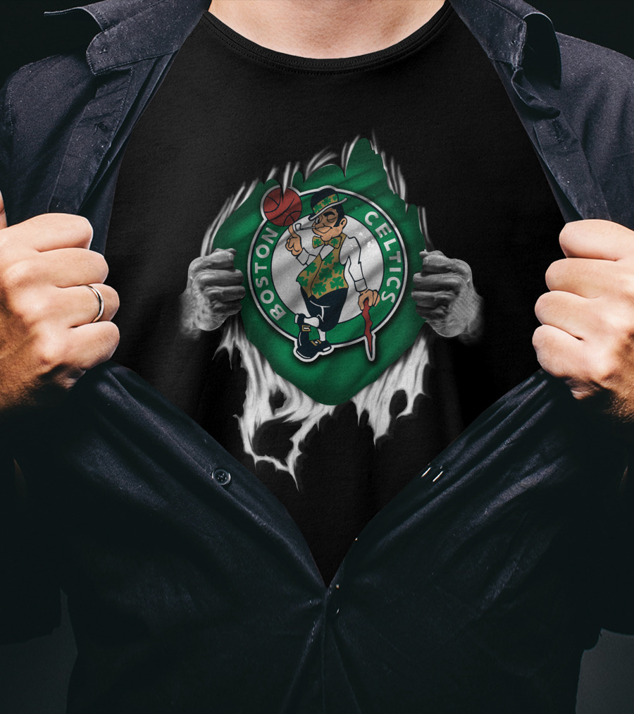 Torn Boston Celtics Ripped Logo Hands Peeling Away Revealing Team Emblem T-Shirt