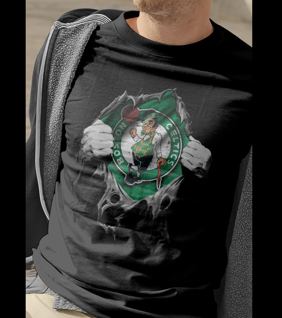 Boston Celtics Logo Torn Through Green And Black T-Shirt