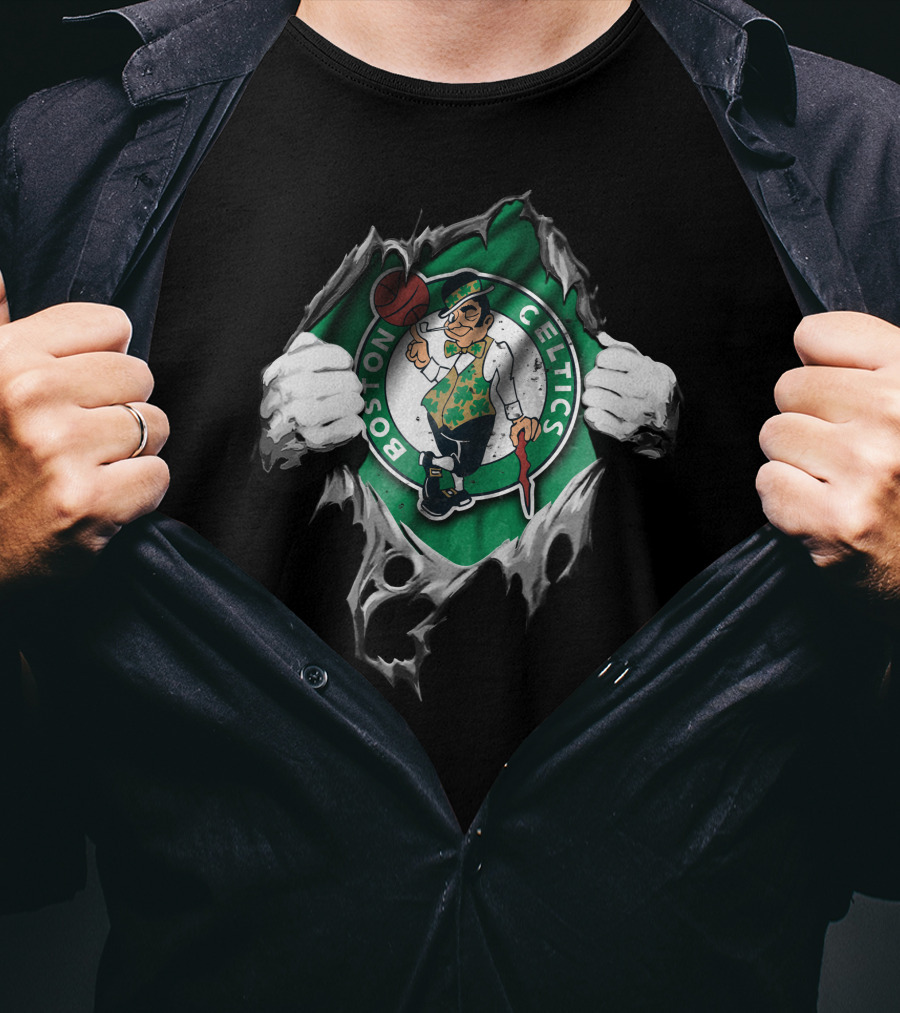 Boston Celtics Logo Torn Through Green And Black T-Shirt