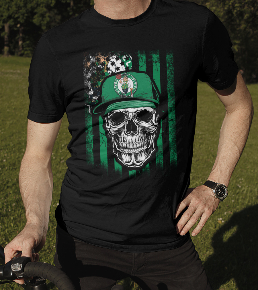 Boston Celtics Skull With Team Logo Hat T-Shirt