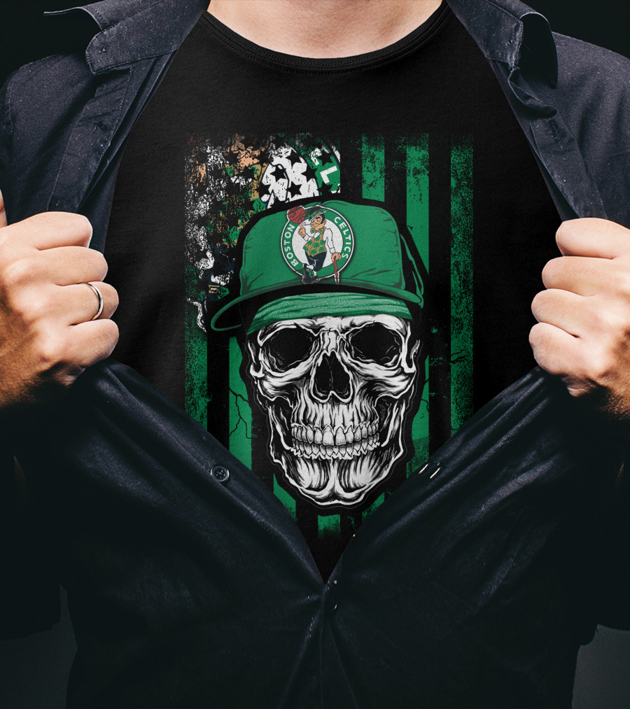 Boston Celtics Skull With Team Logo Hat T-Shirt