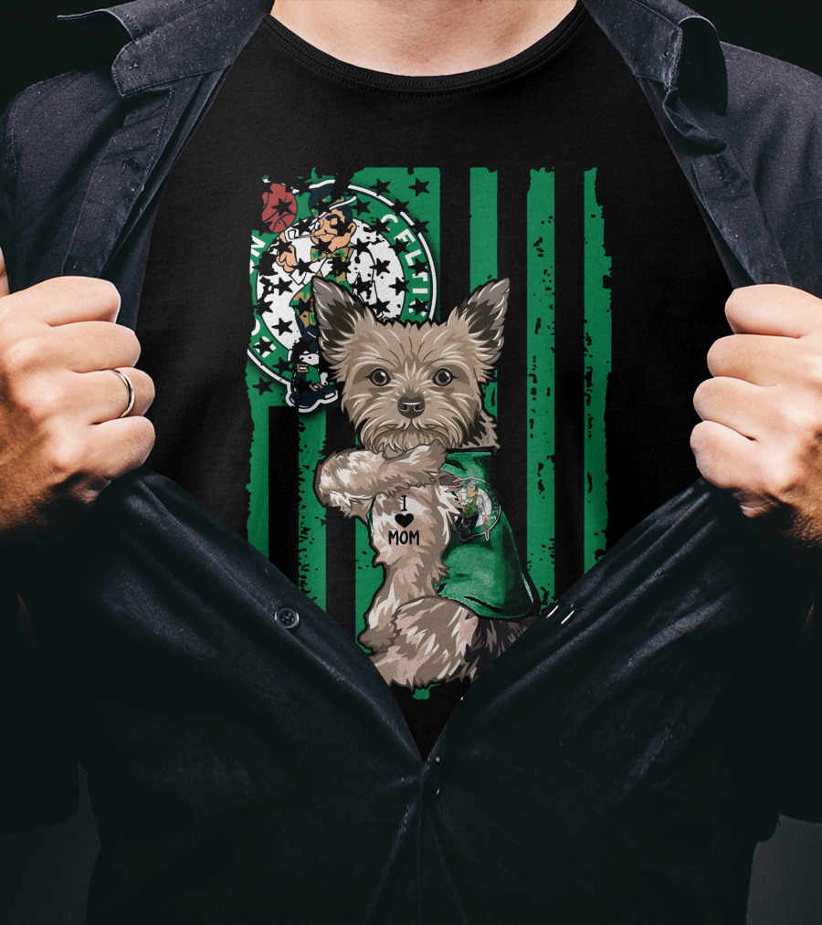 Yorkshire Terrier I Love Mom Boston Celtics Green Stripes T-Shirt