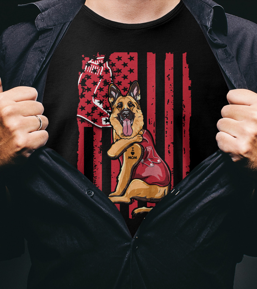German Shepherd Boston Red Sox I Love Mom Baseball Bat And Glove T-Shirt