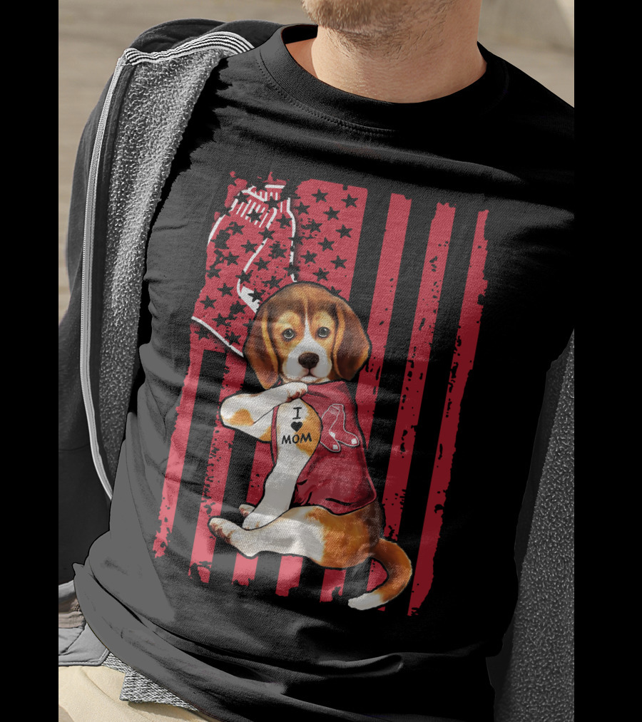 Beagle Puppy With Boston Red Sox Jersey And I Love Mom Tattoo On American Flag Background T-Shirt