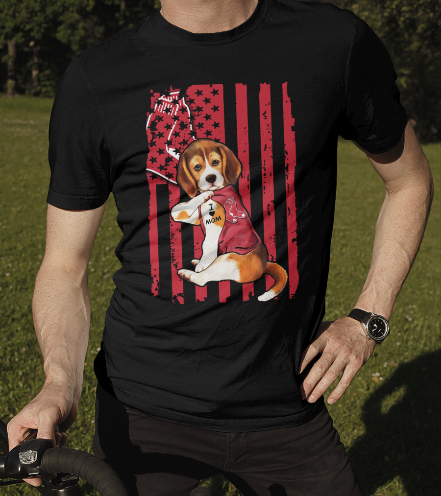 Beagle Puppy With Boston Red Sox Jersey And I Love Mom Tattoo On American Flag Background T-Shirt