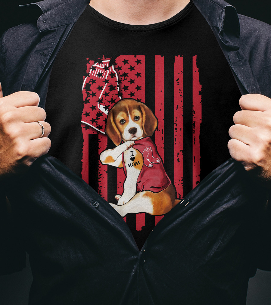 Beagle Puppy With Boston Red Sox Jersey And I Love Mom Tattoo On American Flag Background T-Shirt