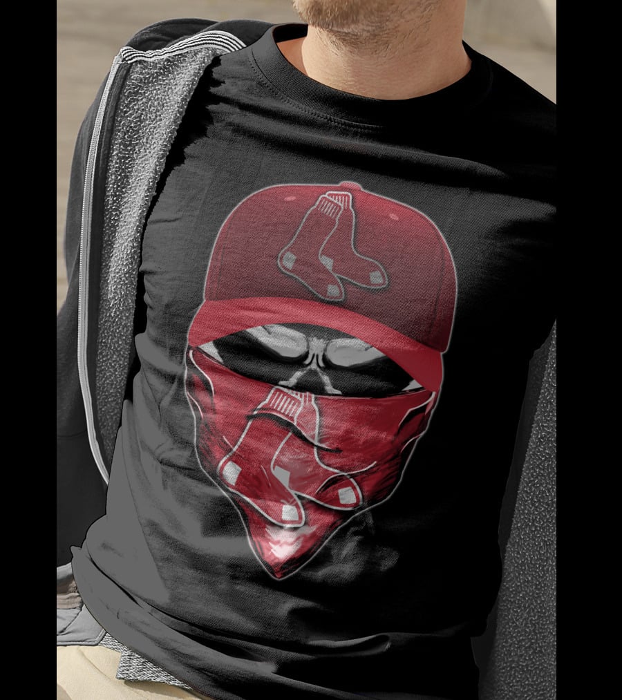 Skull Wearing Boston Red Sox Cap And Bandana T-Shirt
