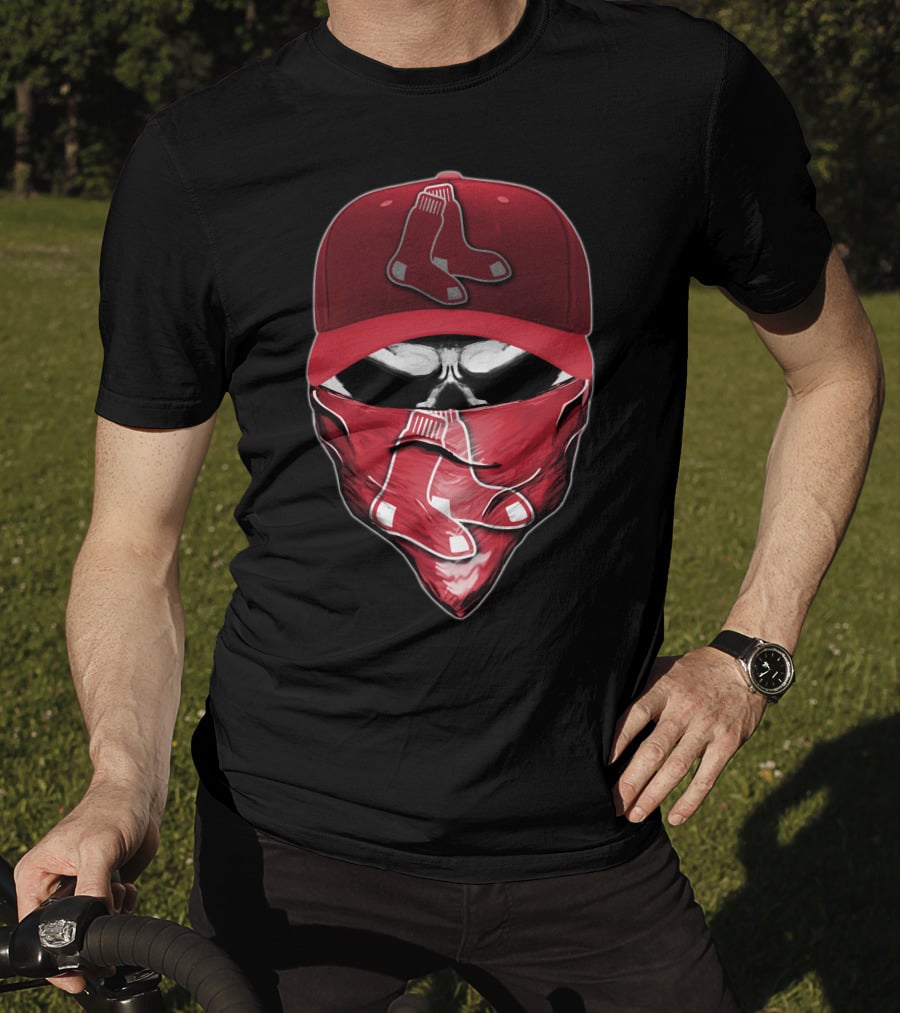 Skull Wearing Boston Red Sox Cap And Bandana T-Shirt