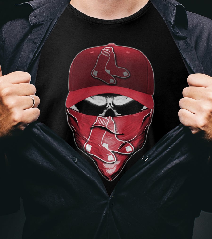 Skull Wearing Boston Red Sox Cap And Bandana T-Shirt