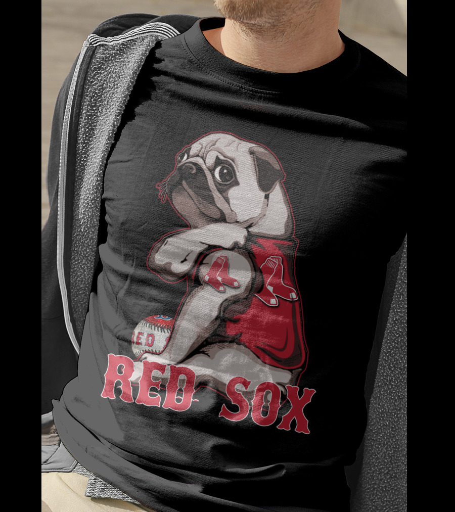 Pug With Boston Red Sox Jersey And Baseball T-Shirt
