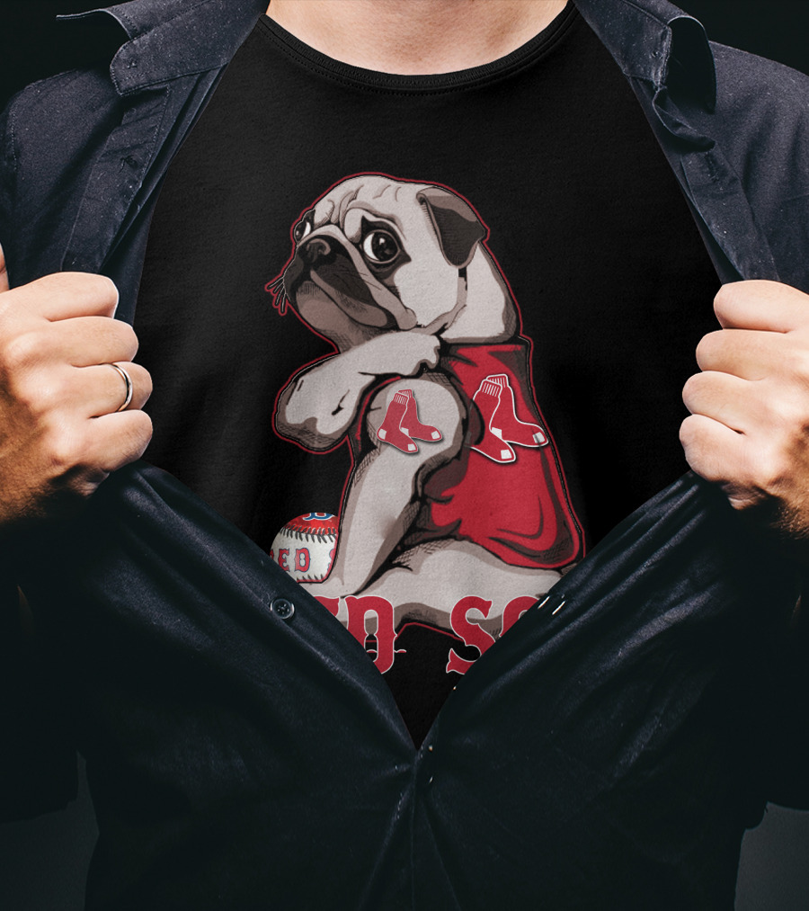 Pug With Boston Red Sox Jersey And Baseball T-Shirt
