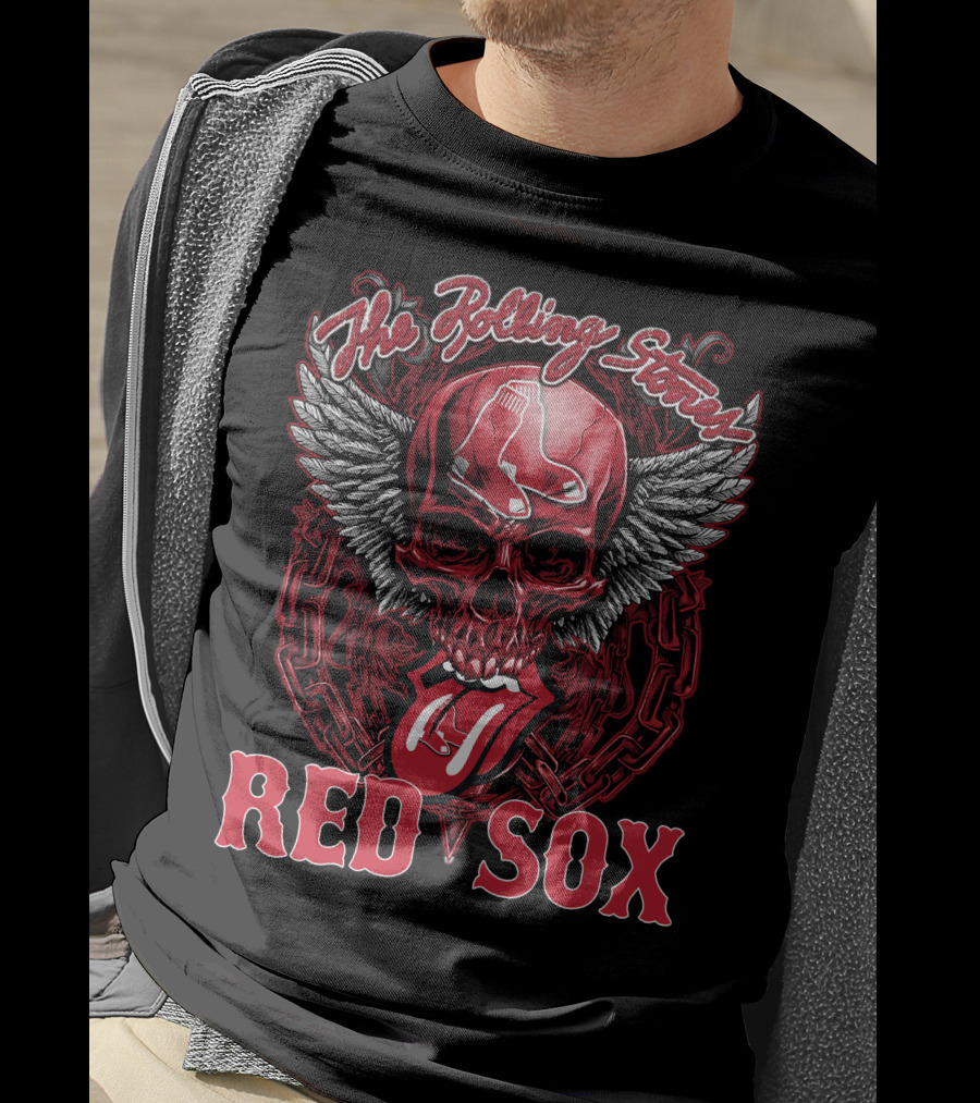 The Rolling Stones Boston Red Sox Skull And Tongue Logo Fusion T-Shirt