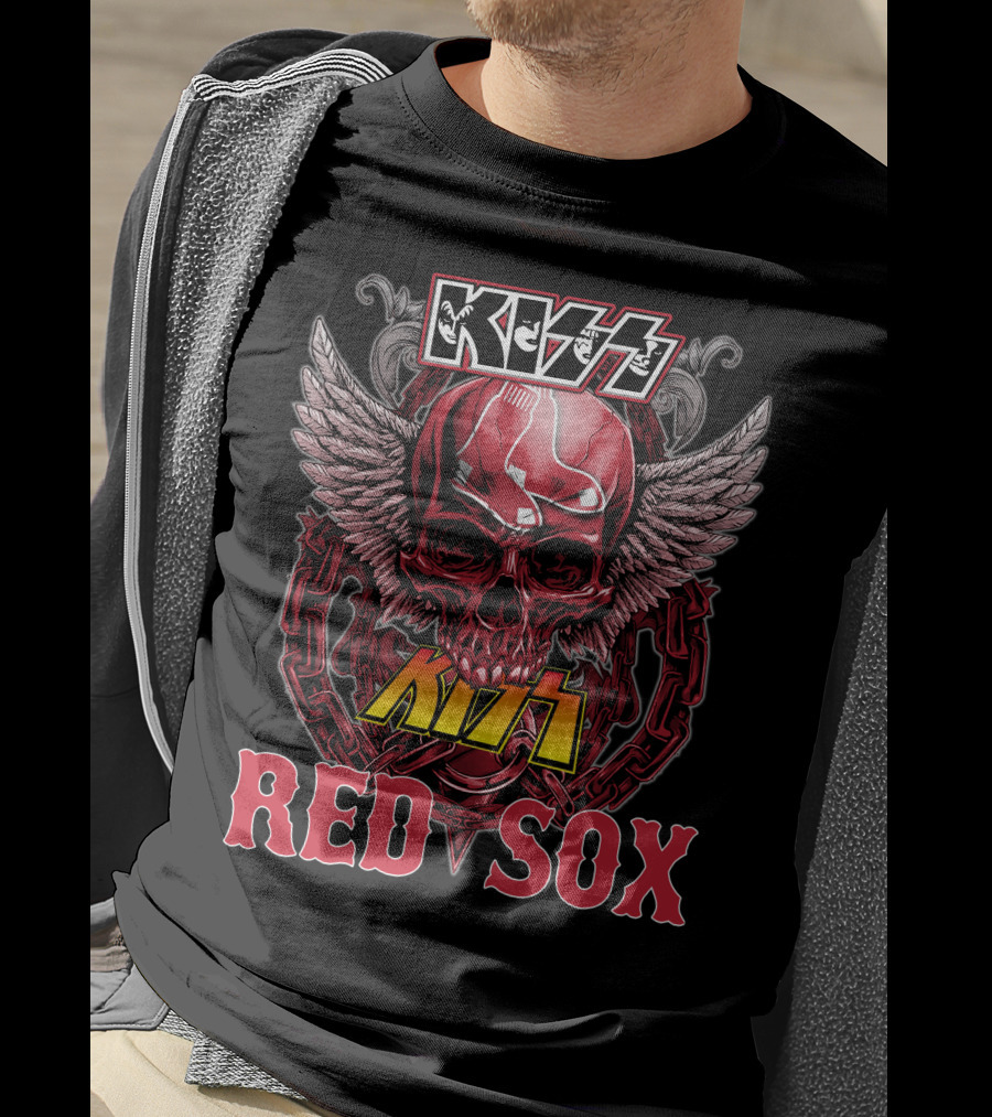 KISS Boston Red Sox Skull Chains Wings T-Shirt