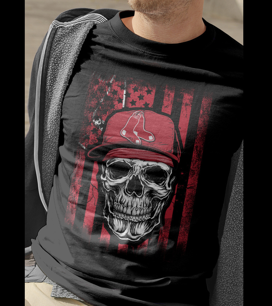 Boston Red Sox Skull Logo Cap On Red And Black T-Shirt