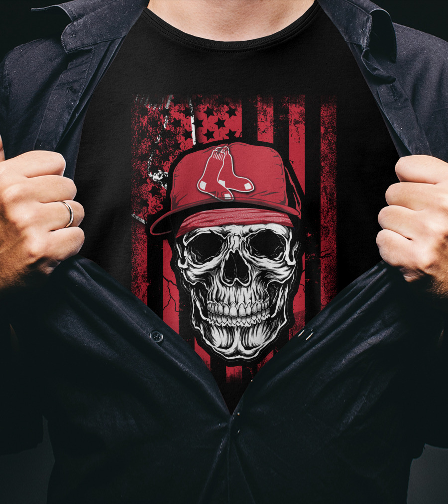 Boston Red Sox Skull Logo Cap On Red And Black T-Shirt