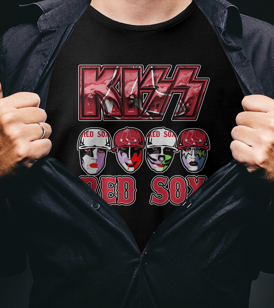 KISS Boston Red Sox Faces In Makeup And Hats T-Shirt