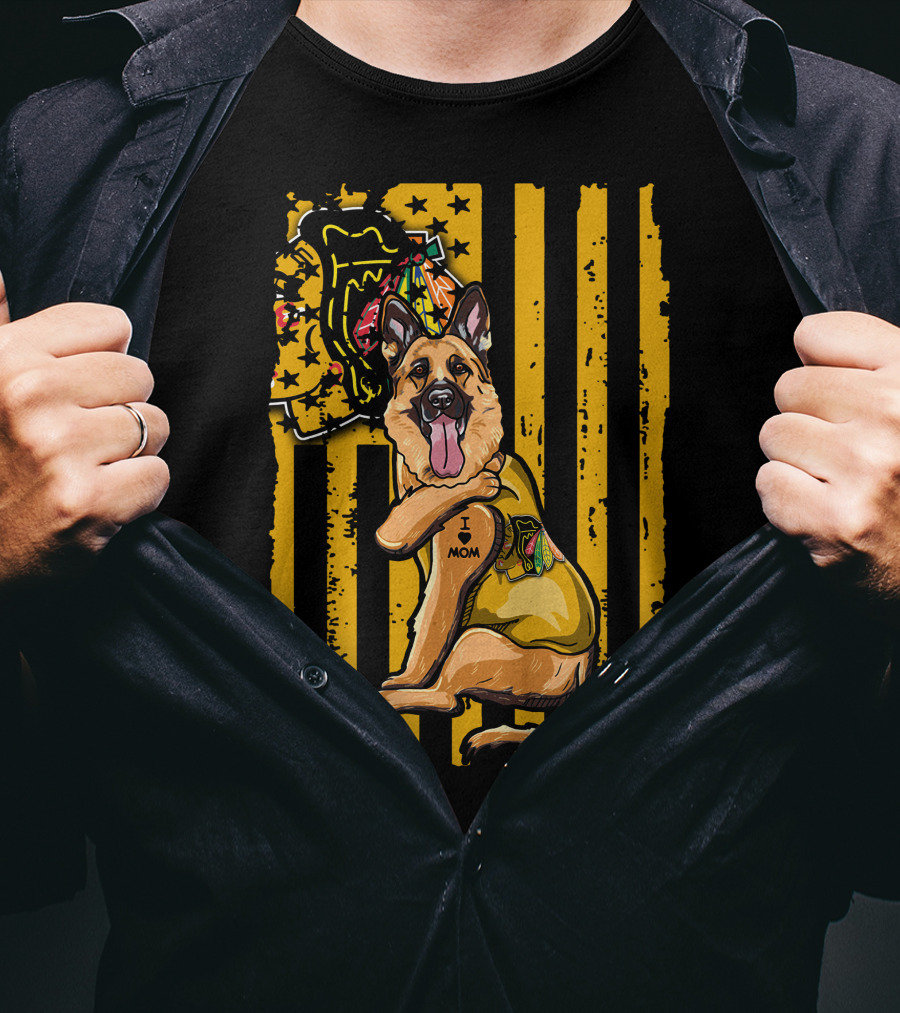 German Shepherd I Love Mom Chicago Blackhawks Stripes T-Shirt