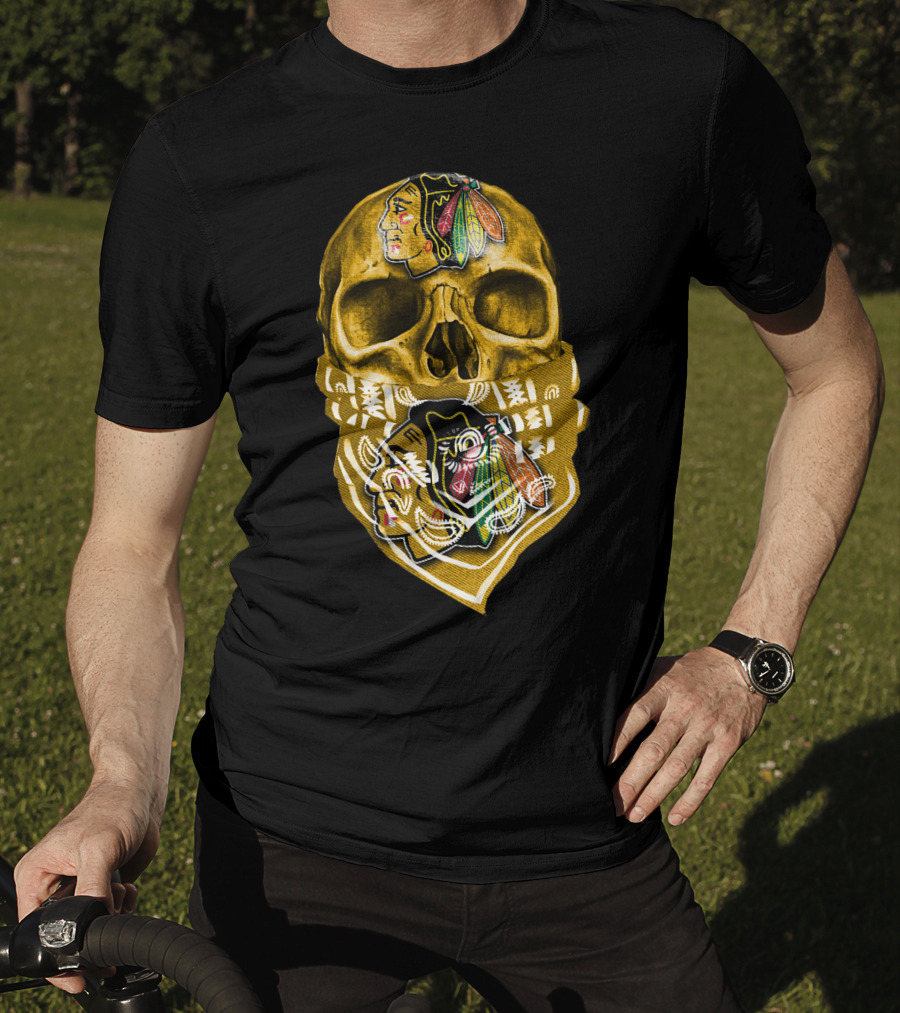 Skull With Chicago Blackhawks Logo Bandana T-Shirt