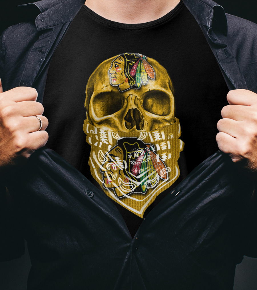 Skull With Chicago Blackhawks Logo Bandana T-Shirt