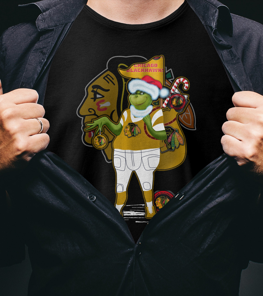 Chicago Blackhawks Grinchxmas Santa Hat Candy Cane Holiday T-Shirt