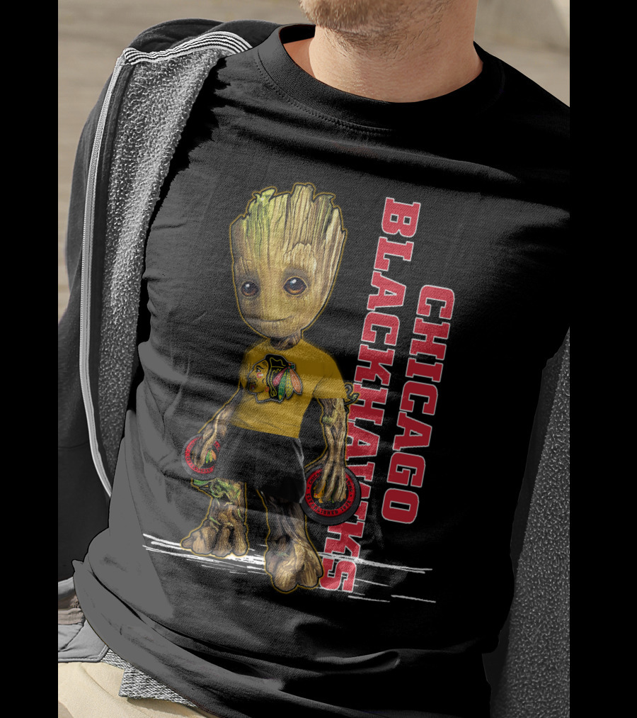 Groot Chicago Blackhawks Holding Hockey Pucks T-Shirt