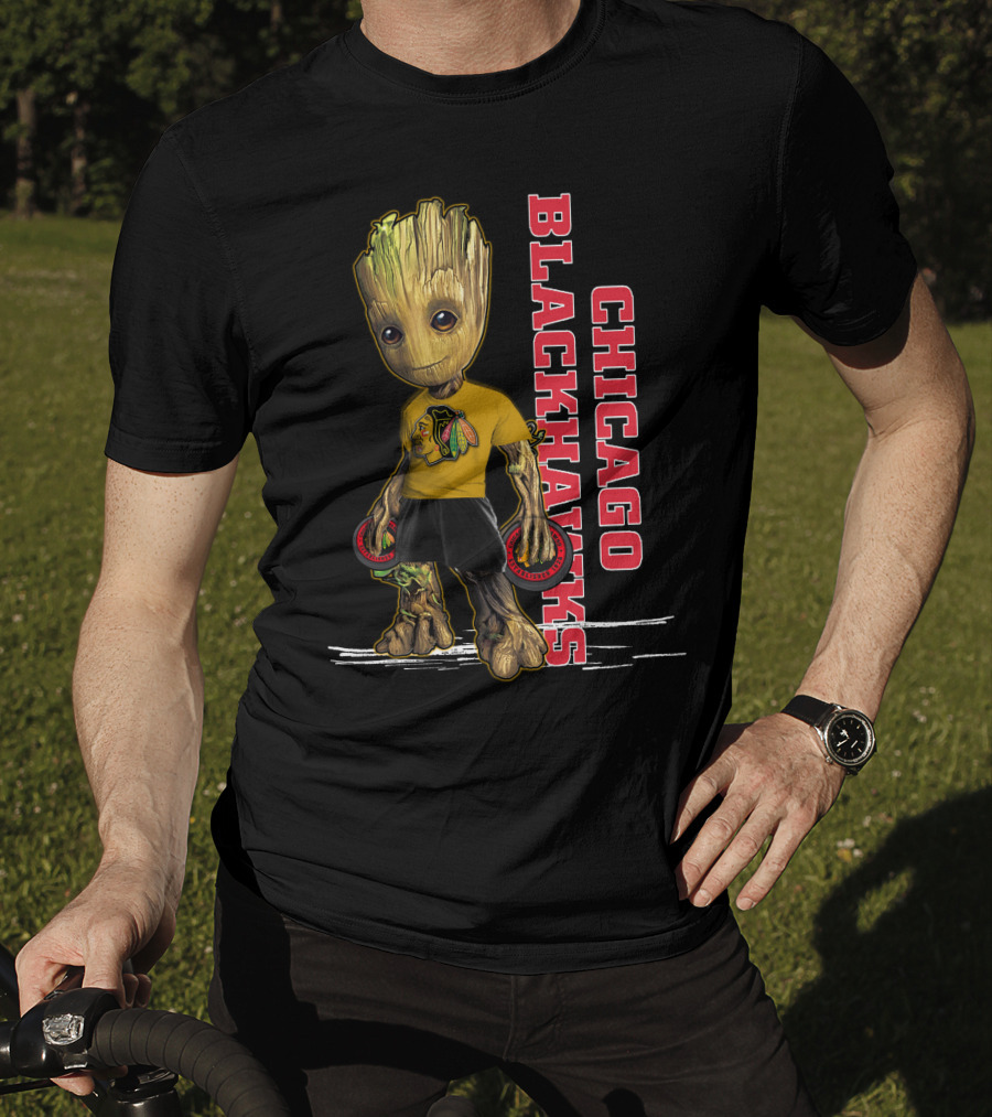 Groot Chicago Blackhawks Holding Hockey Pucks T-Shirt