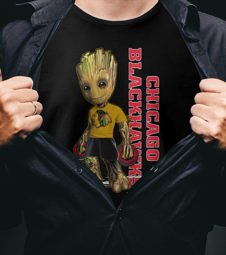 Groot Chicago Blackhawks Holding Hockey Pucks T-Shirt
