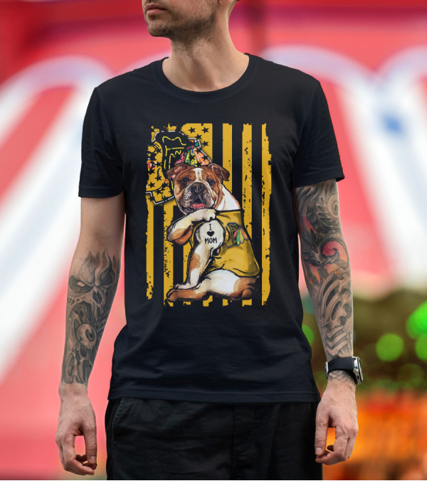 Premium T-Shirt: Bulldog I Love Mom Chicago Blackhawks Party Hat Yellow Stripes T-Shirt Bulldog I Love Mom Chicago Blackhawks Party Hat Yellow Stripes T-Shirt