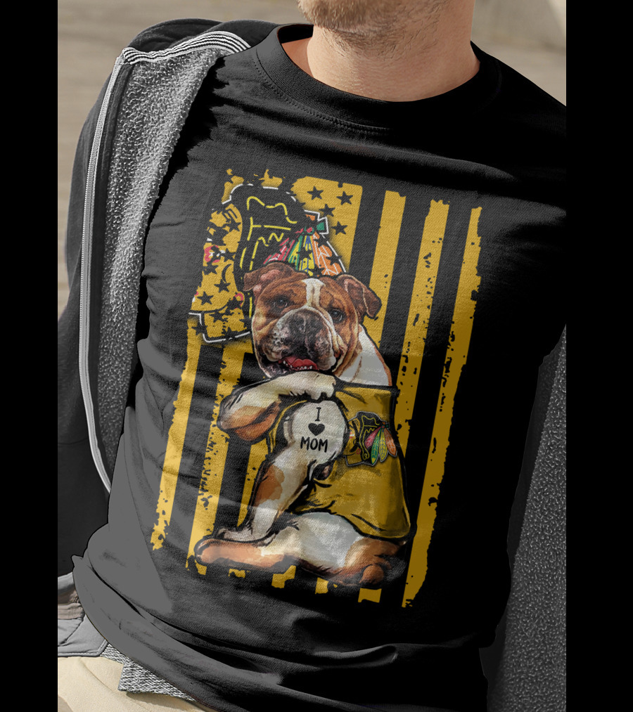 Bulldog I Love Mom Chicago Blackhawks Party Hat Yellow Stripes T-Shirt