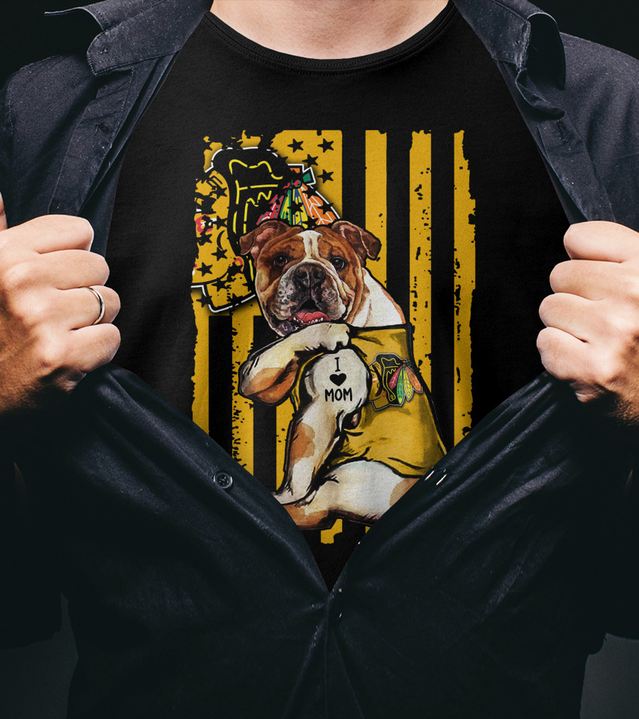 Bulldog I Love Mom Chicago Blackhawks Party Hat Yellow Stripes T-Shirt