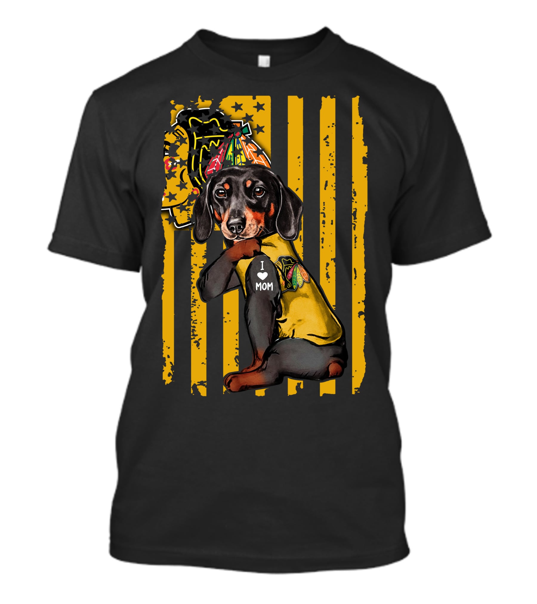 Dachshund In Chicago Blackhawks Outfit With I Love Mom Badge T-Shirt