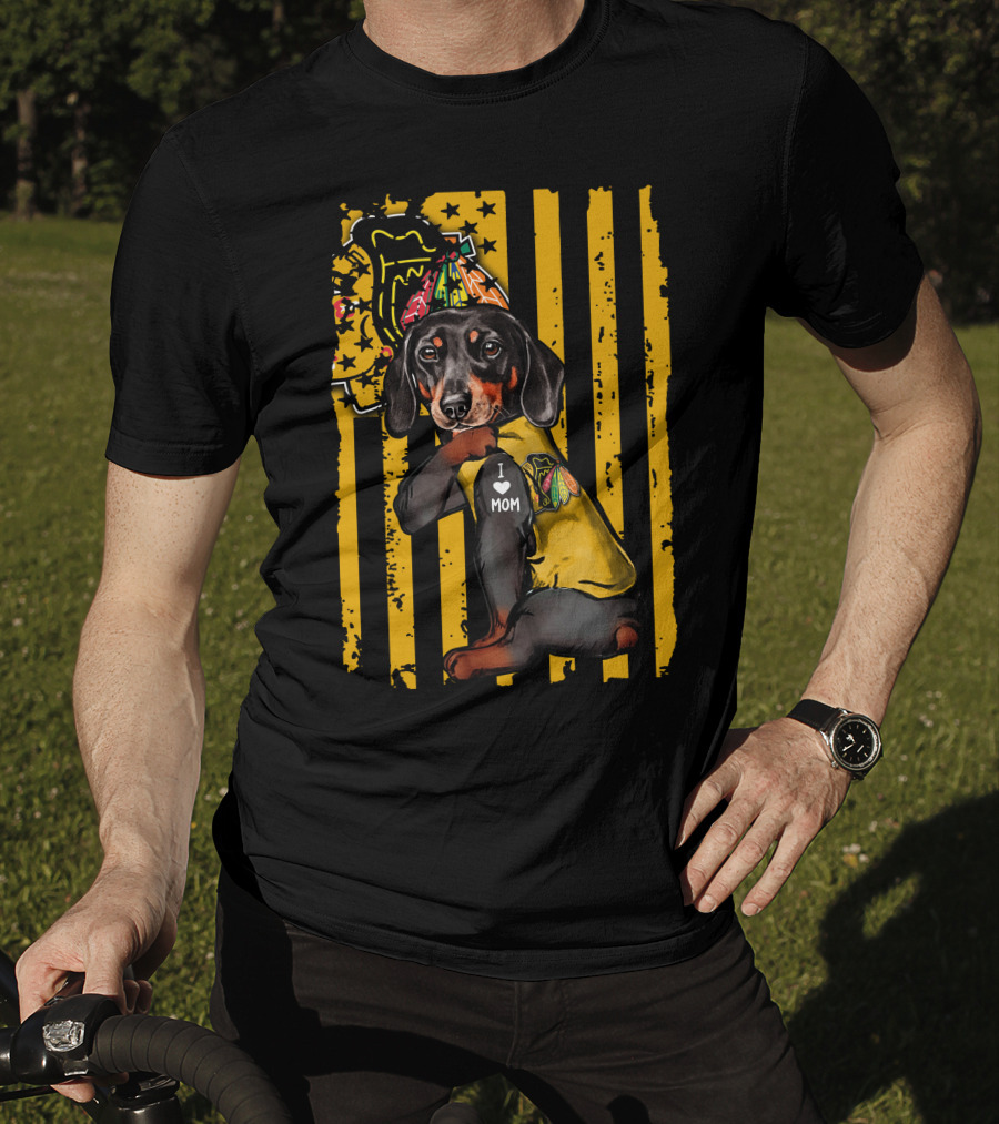 Dachshund In Chicago Blackhawks Outfit With I Love Mom Badge T-Shirt