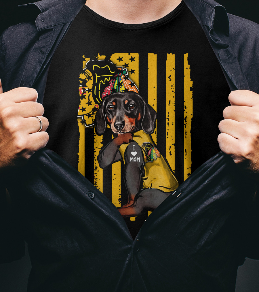 Dachshund In Chicago Blackhawks Outfit With I Love Mom Badge T-Shirt