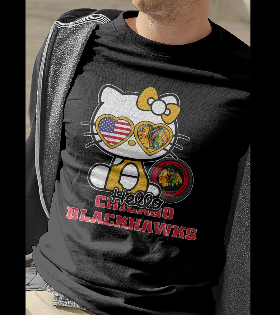 Hello Kitty Chicago Blackhawks American Flag Hockey Fan T-Shirt