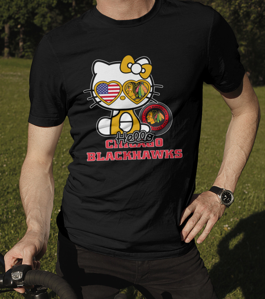 Hello Kitty Chicago Blackhawks American Flag Hockey Fan T-Shirt