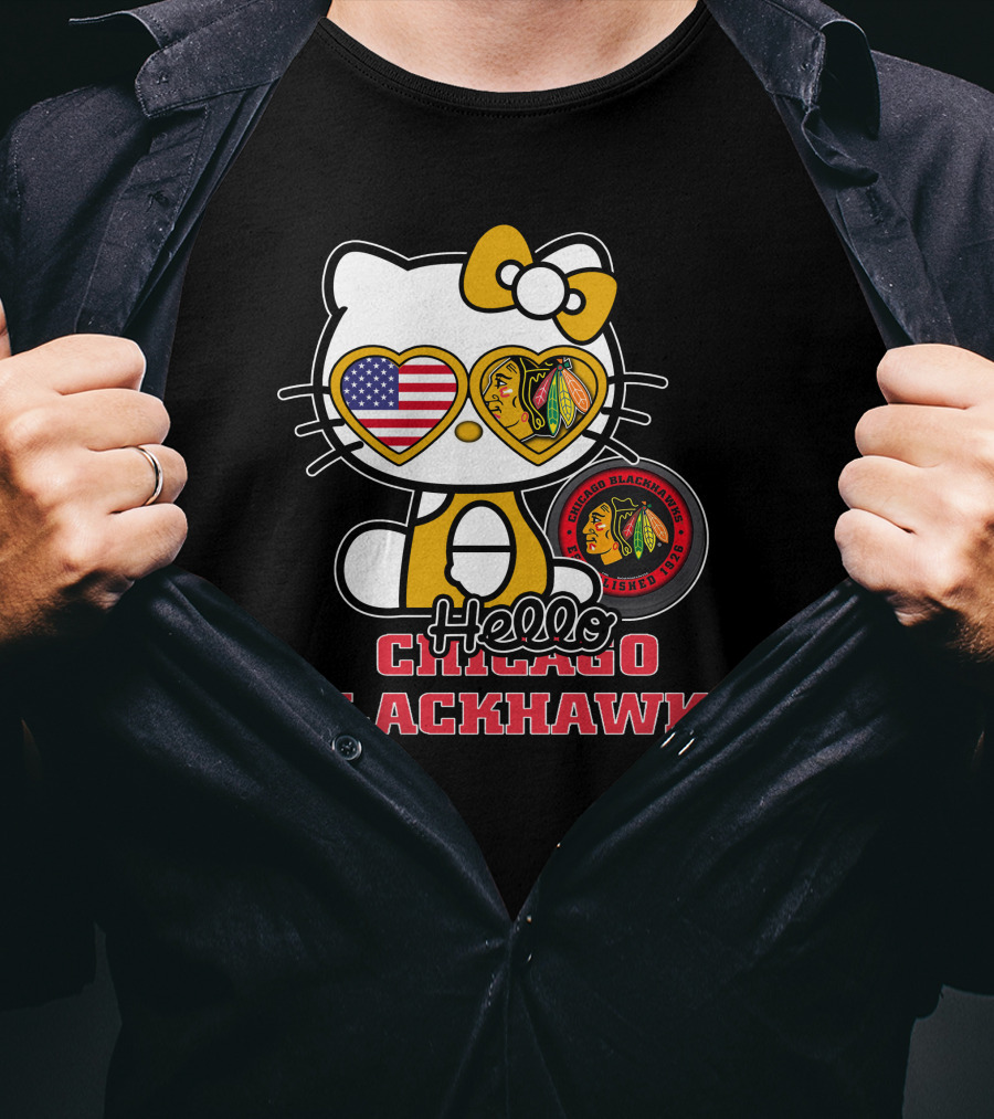 Hello Kitty Chicago Blackhawks American Flag Hockey Fan T-Shirt