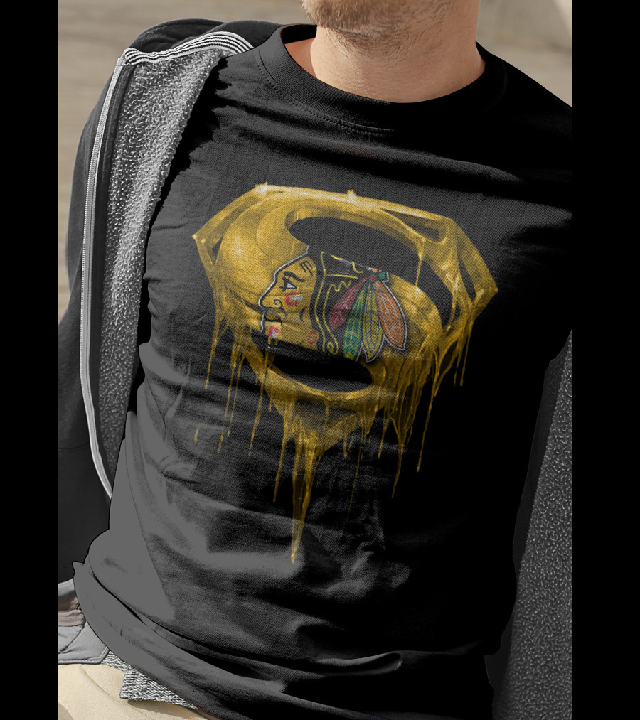 Superman Symbol With Chicago Blackhawks Logo Dripping Gold T-Shirt