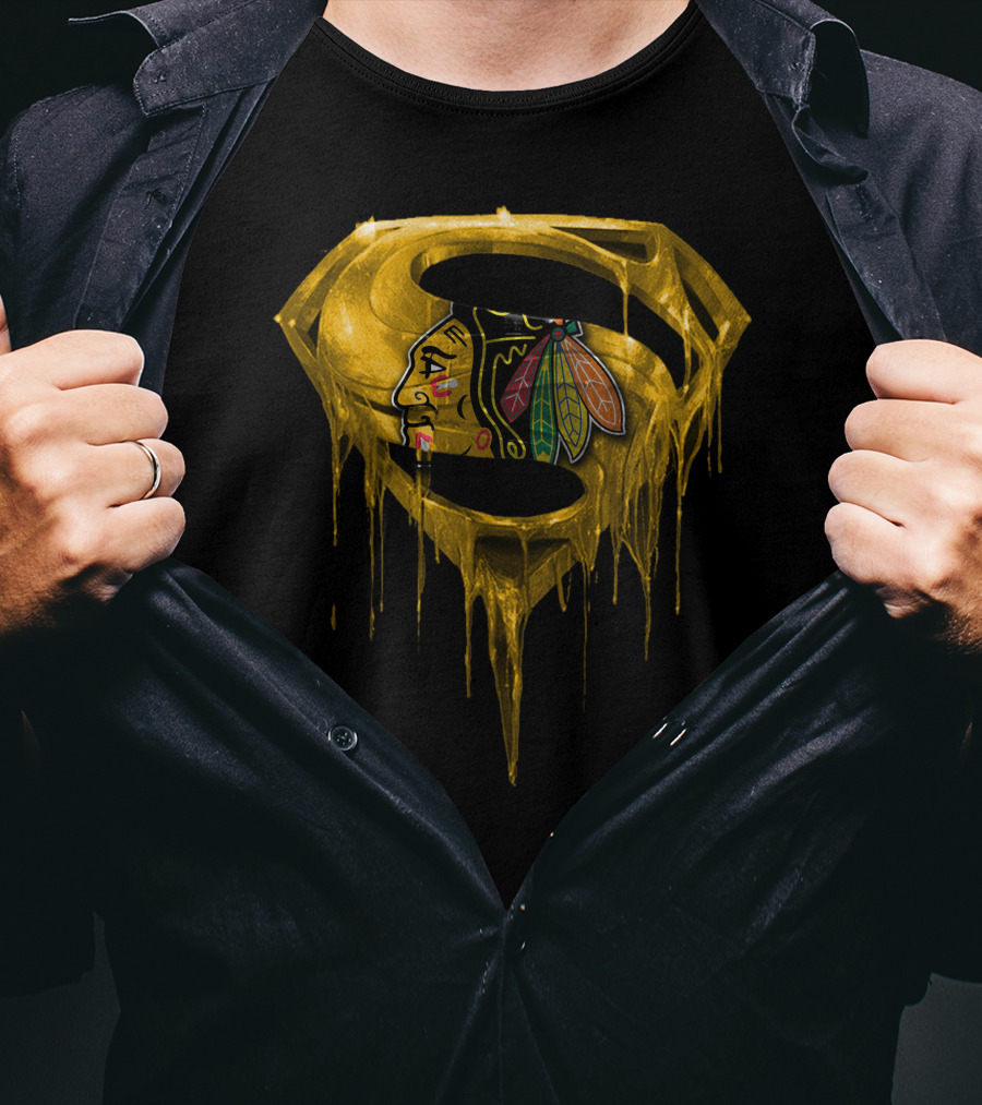 Superman Symbol With Chicago Blackhawks Logo Dripping Gold T-Shirt