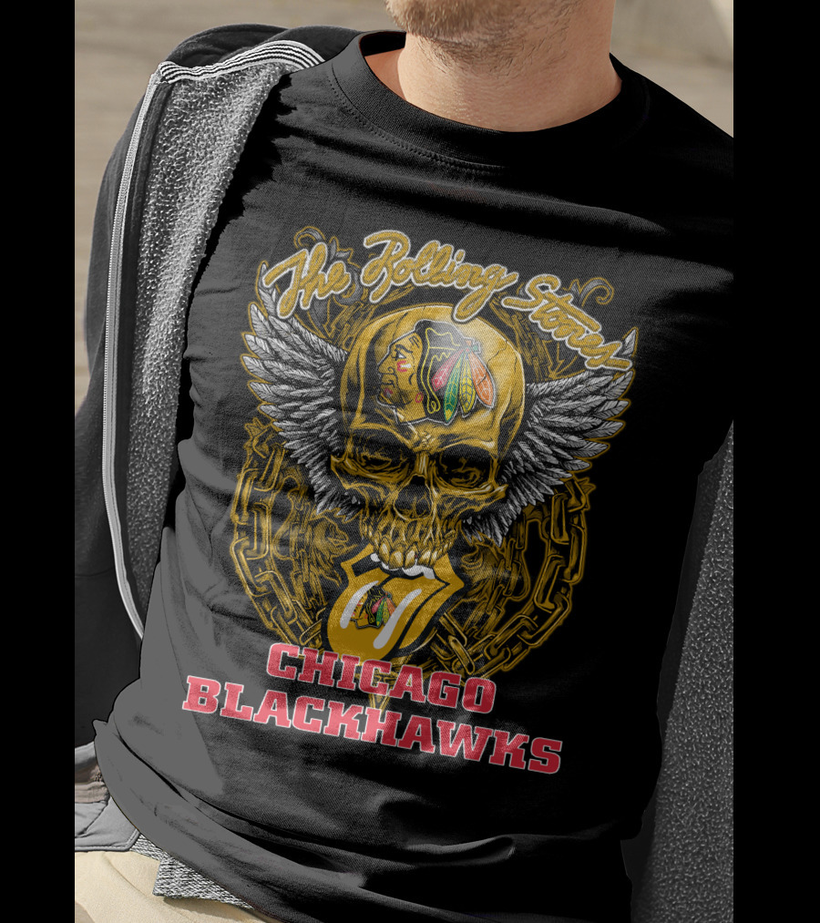 The Rolling Stones Tongue And Wings Skull With Chicago Blackhawks T-Shirt